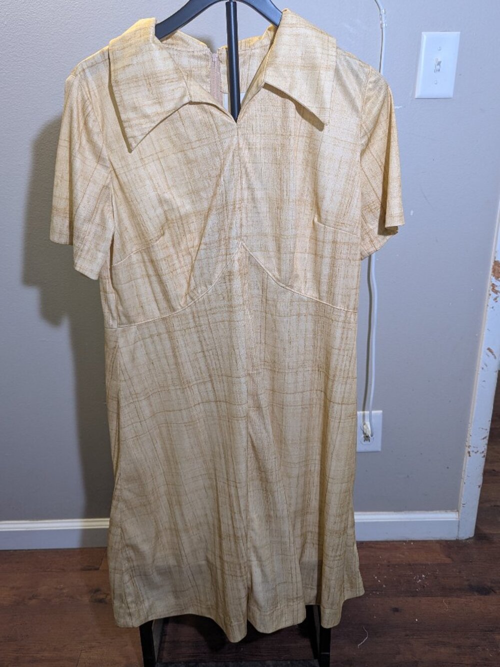 Vintage Handmade Yellow Plaid Collar V Neck Short Sleeve Dress